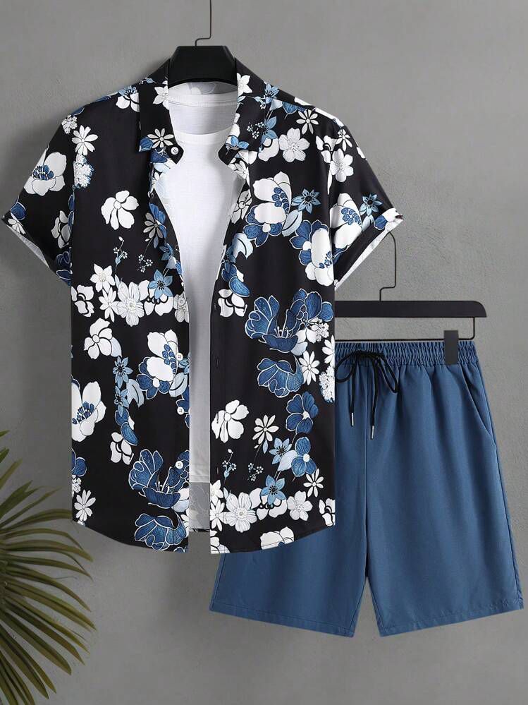BLUE FLOWER MENS SHIRT & SHORT SET .
