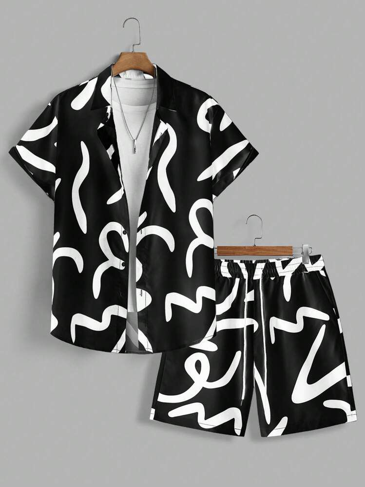 BLACK - WHITE DESIGN  MENS SHIRT & SHORT SET .