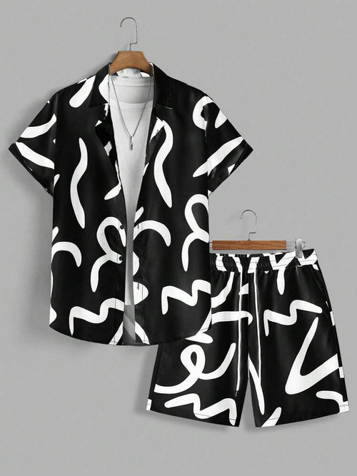 BLACK - WHITE DESIGN  MENS SHIRT & SHORT SET .