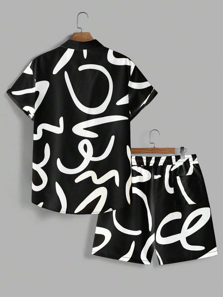 BLACK - WHITE DESIGN  MENS SHIRT & SHORT SET .