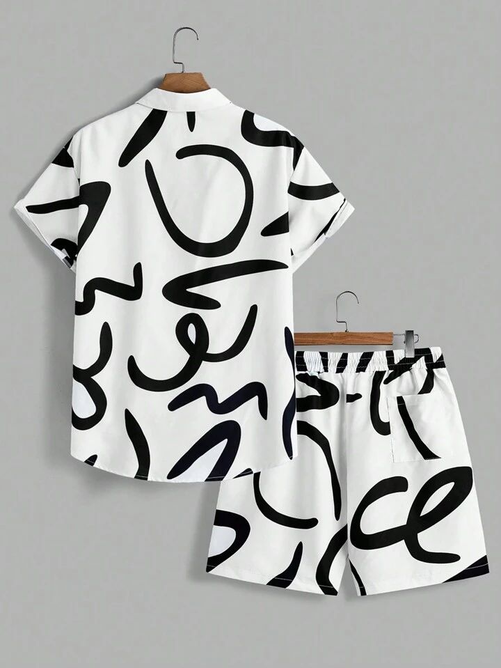 BLACK - WHITE DESIGN  MENS SHIRT & SHORT SET .