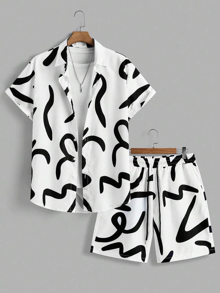 BLACK - WHITE DESIGN  MENS SHIRT & SHORT SET .