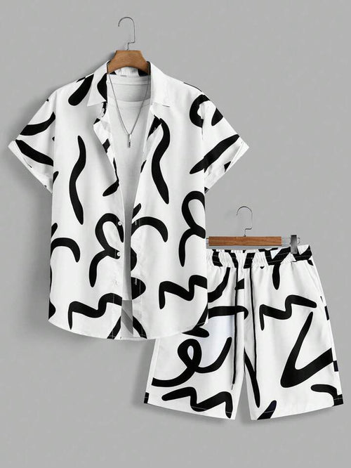 BLACK - WHITE DESIGN  MENS SHIRT & SHORT SET .