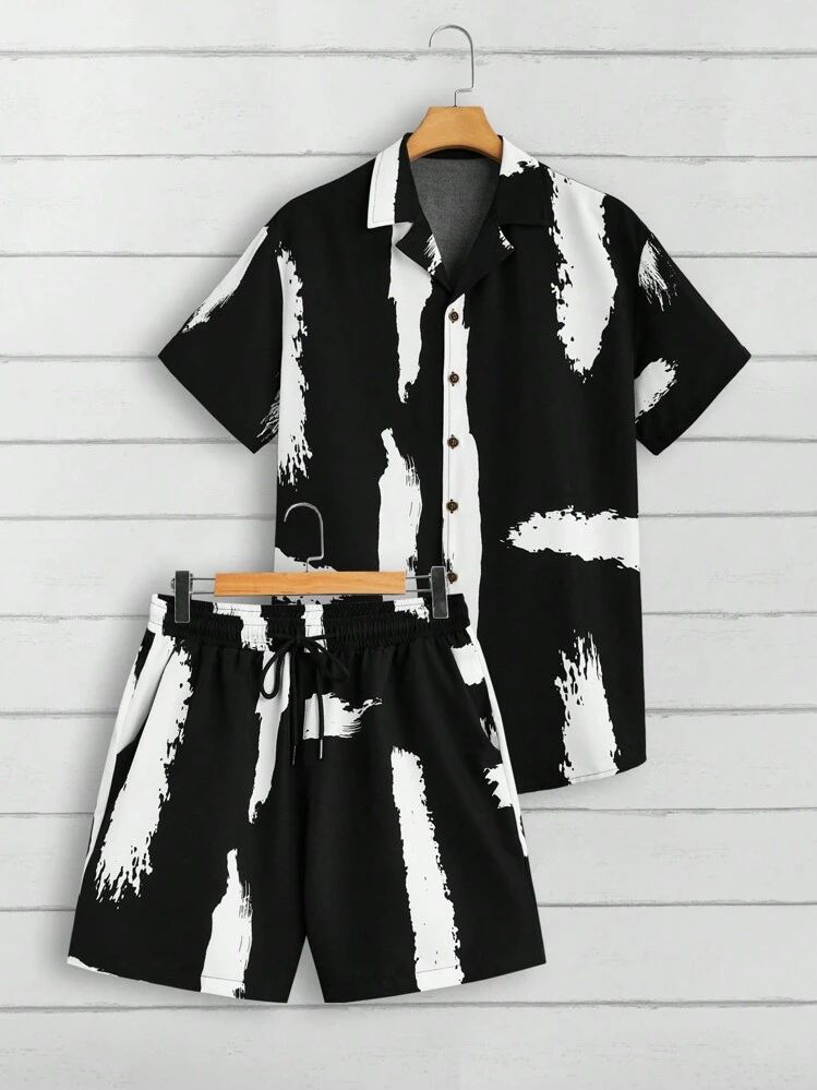 BLACK STRIPTED  DESIGN  MENS SHIRT & SHORT SET .