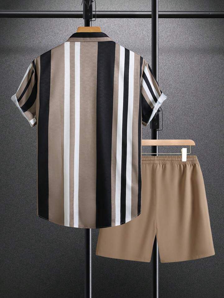 BROWN STRIPTED MENS SHIRT & SHORT SET .