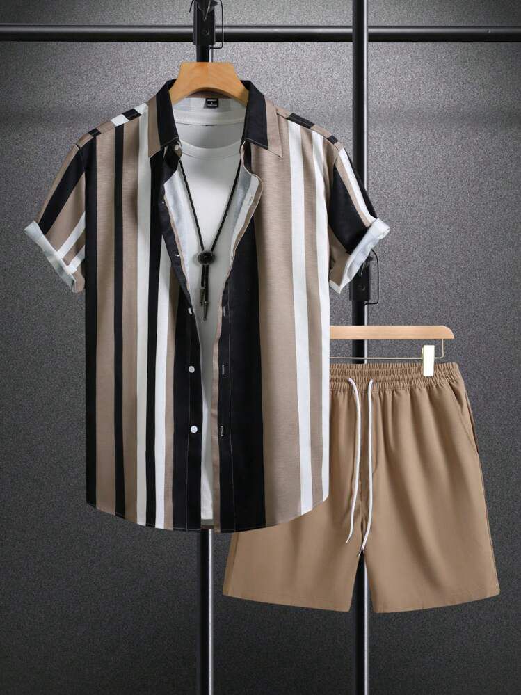 BROWN STRIPTED MENS SHIRT & SHORT SET .