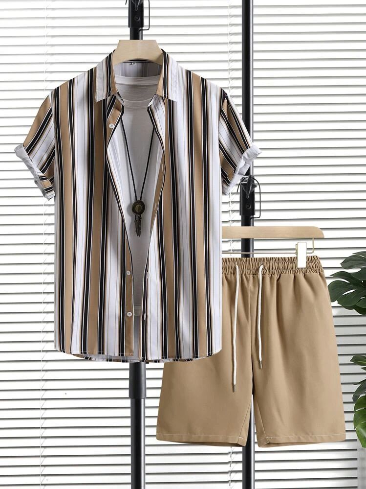 BROWN STRIPTED MENS SHIRT & SHORT SET .