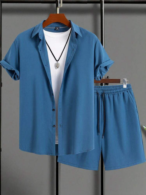 BLACK - BLUL CAUSLY DESIGN  MENS SHIRT & SHORT SET .