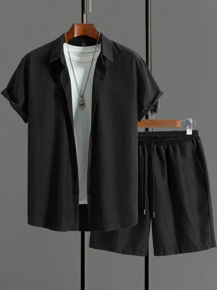 BLACK - BLUL CAUSLY DESIGN  MENS SHIRT & SHORT SET .
