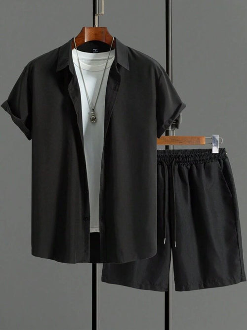 BLACK - BLUL CAUSLY DESIGN  MENS SHIRT & SHORT SET .