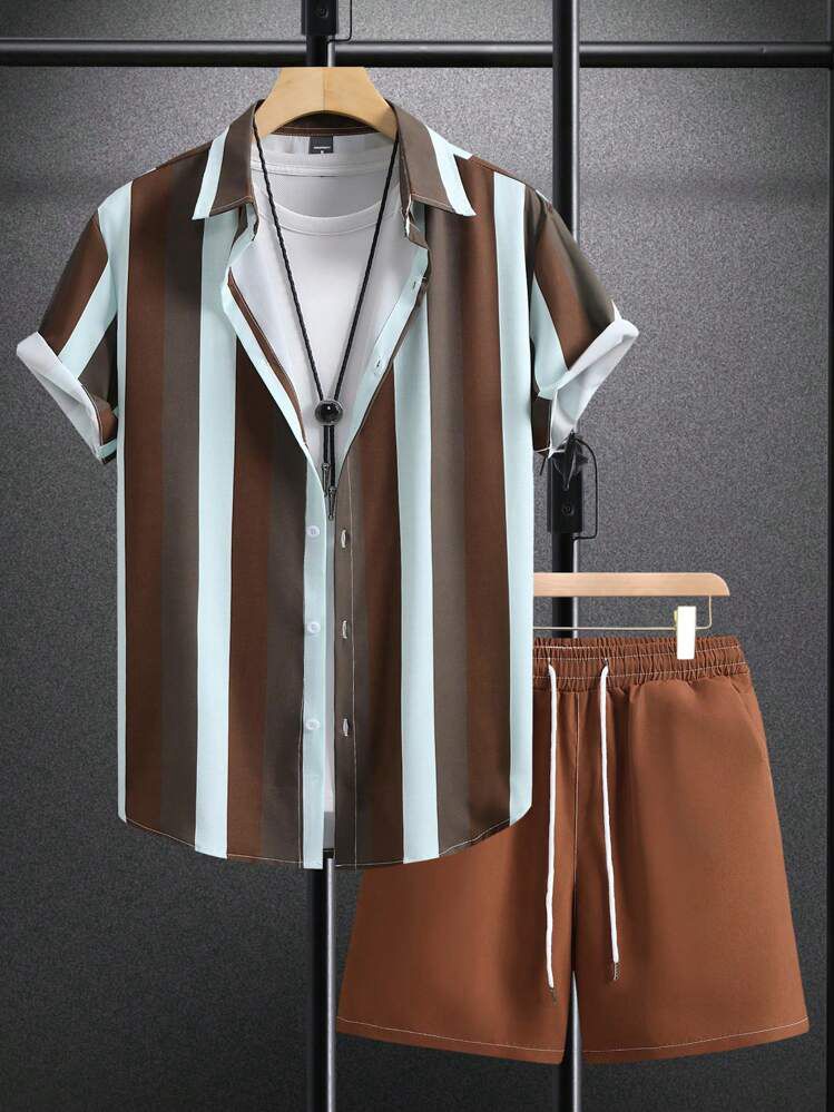 BROWN LINE FANCY  MENS SHIRT & SHORT SET .