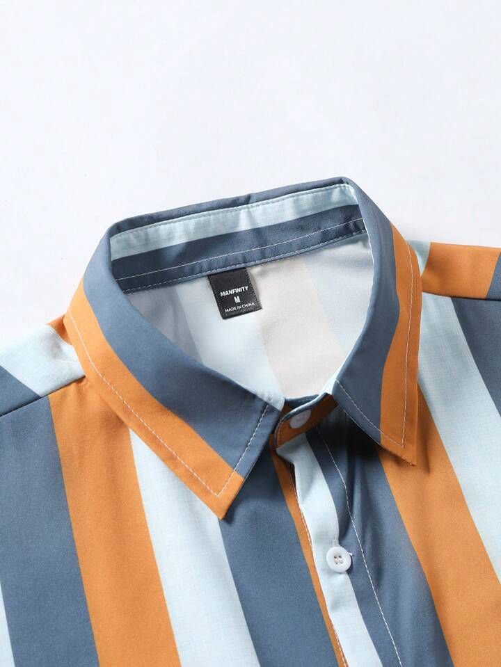 ORANGE  - BLUE LINE STRIPTED MENS SHIRT & SHORT SET .