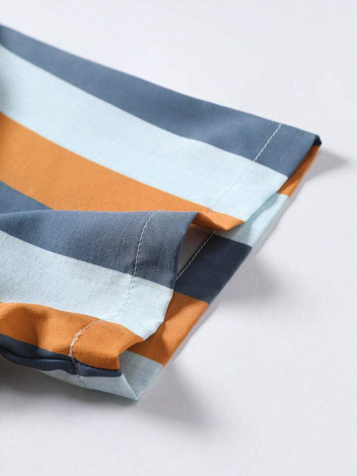 ORANGE  - BLUE LINE STRIPTED MENS SHIRT & SHORT SET .