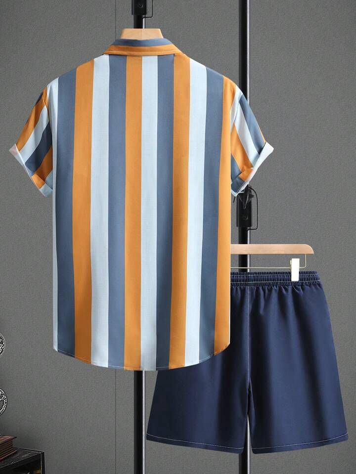 ORANGE  - BLUE LINE STRIPTED MENS SHIRT & SHORT SET .