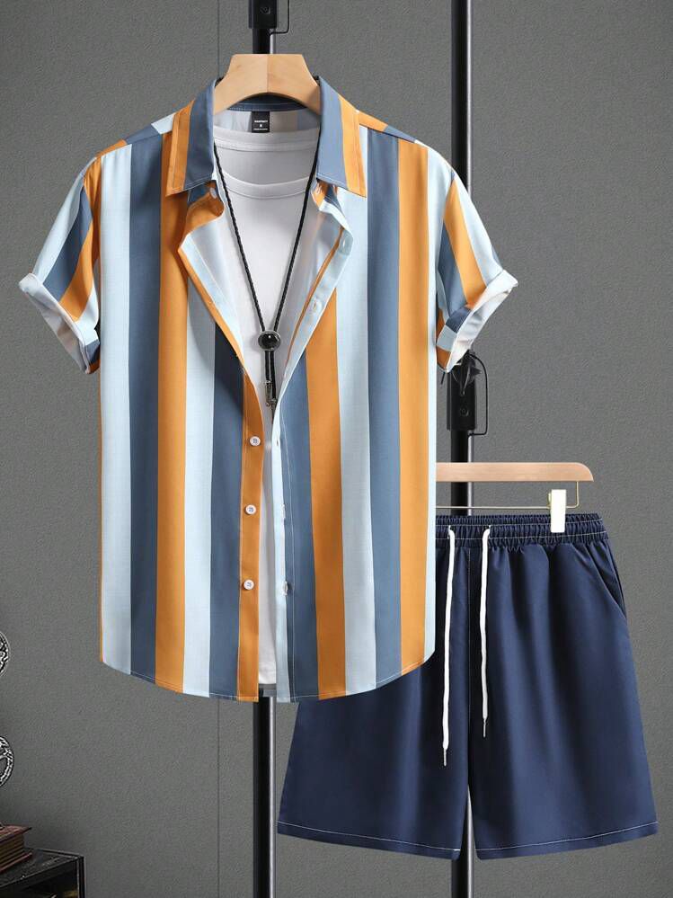 ORANGE  - BLUE LINE STRIPTED MENS SHIRT & SHORT SET .