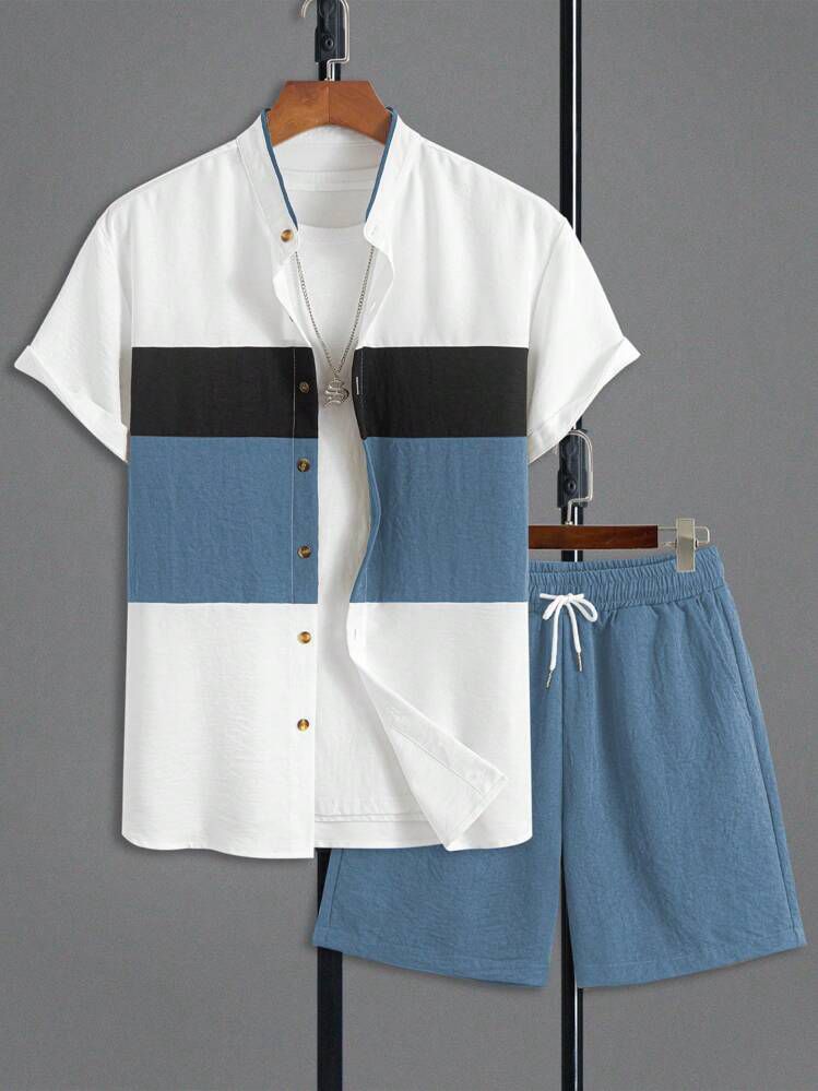 GREEN - BLUE LINE STRIPTED  DESIGN  MENS SHIRT & SHORT SET .