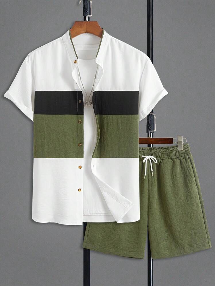 GREEN - BLUE LINE STRIPTED  DESIGN  MENS SHIRT & SHORT SET .