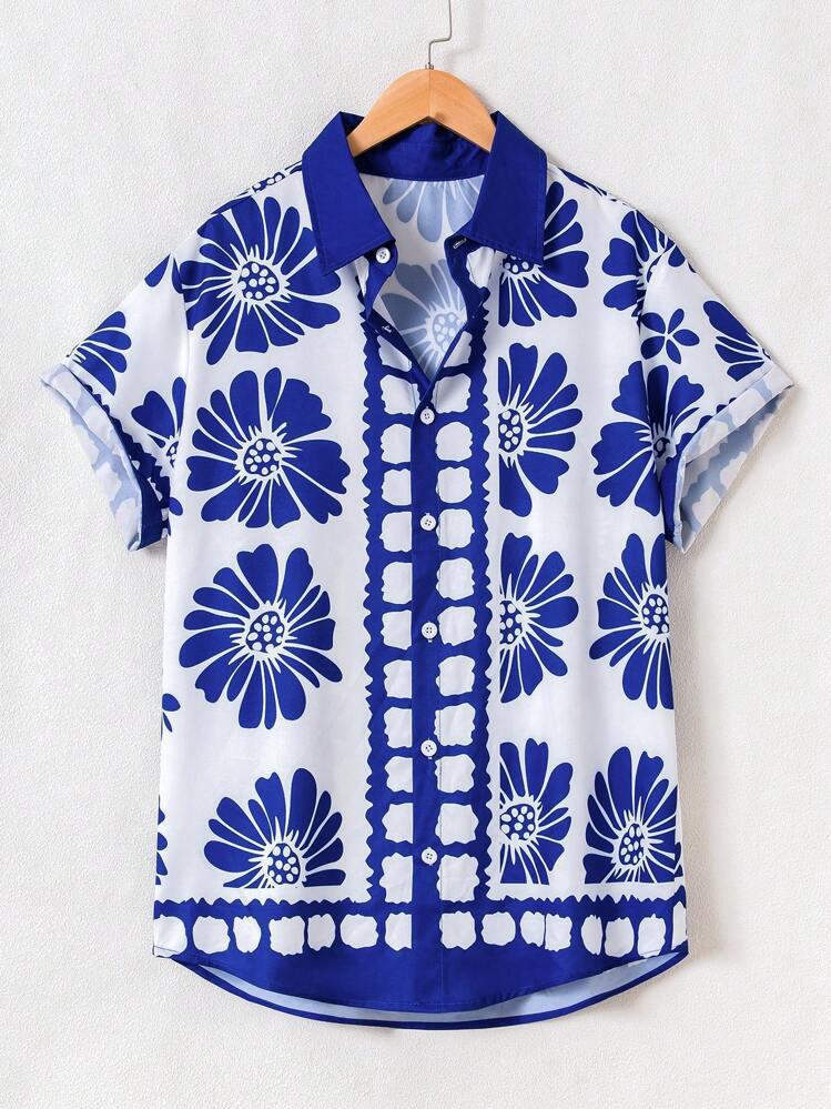 BLUE FLOWER LEAF BLOCK MENS SHIRT .