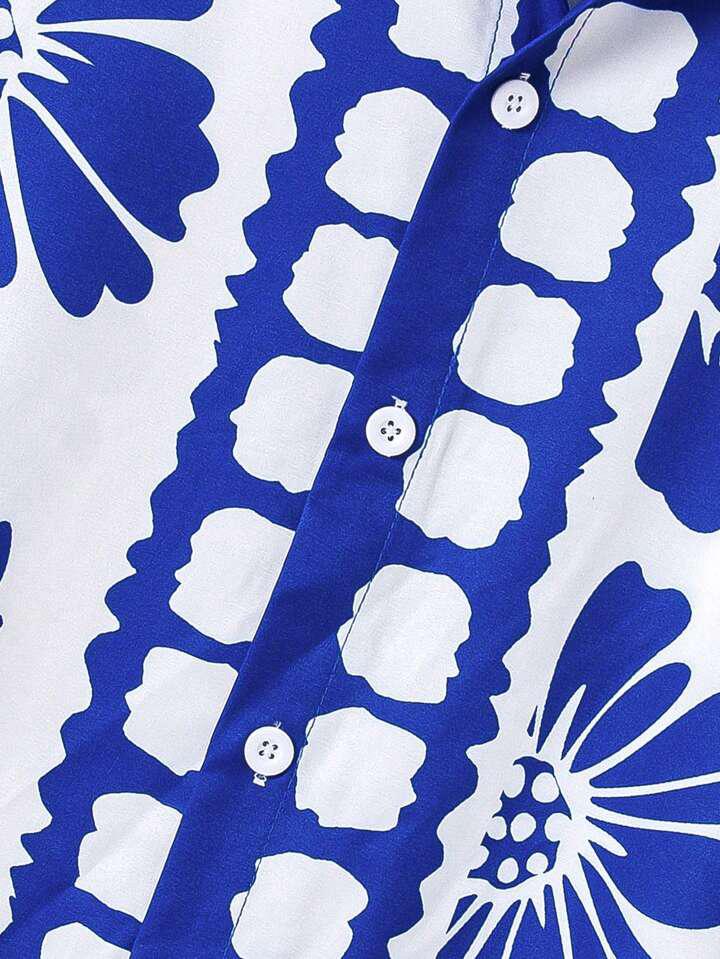 BLUE FLOWER LEAF BLOCK MENS SHIRT .