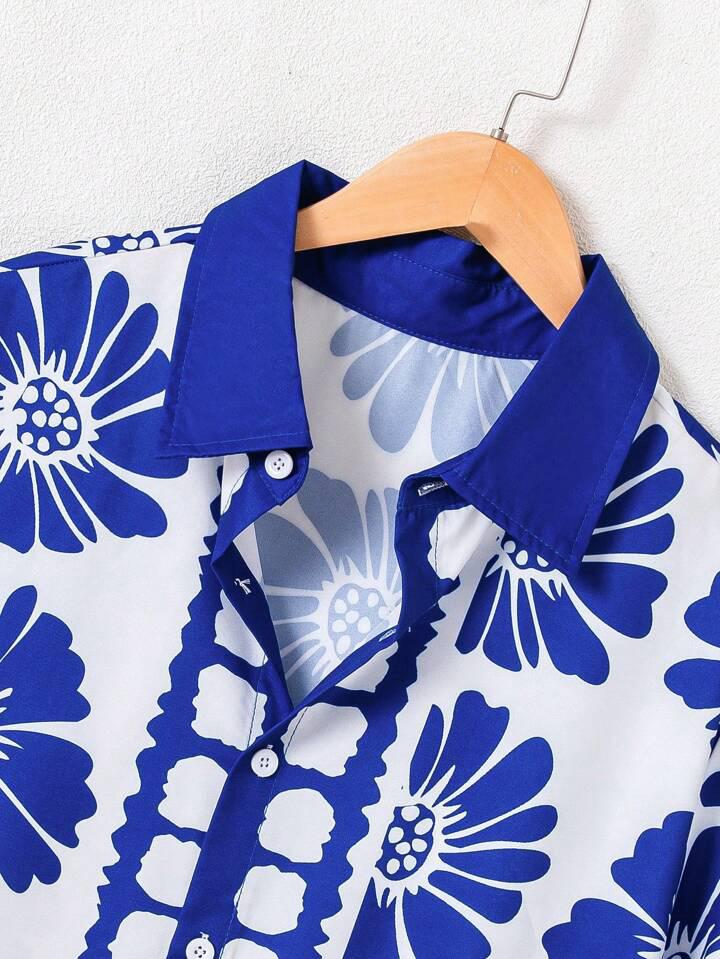 BLUE FLOWER LEAF BLOCK MENS SHIRT .