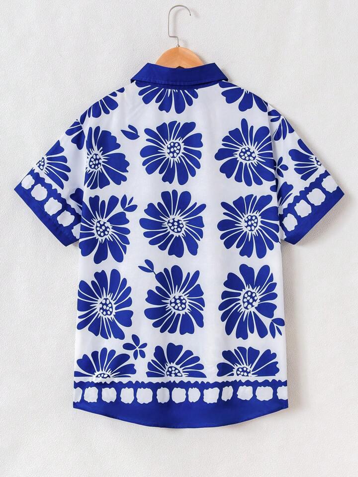 BLUE FLOWER LEAF BLOCK MENS SHIRT .
