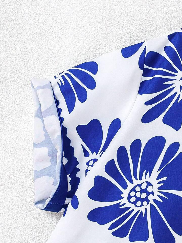 BLUE FLOWER LEAF BLOCK MENS SHIRT .